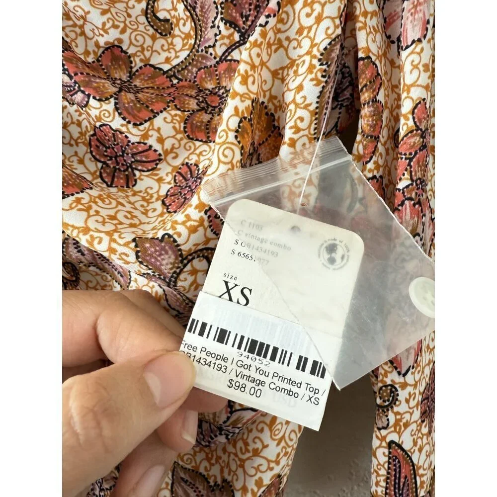 Free People I Got You Printed Top Orange Floral Ruched Boho Fall Coquette NWT XS